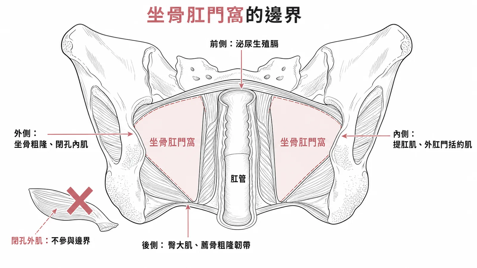 坐骨肛門窩四面邊界:閉孔外肌在骨盆外側,不參與邊界