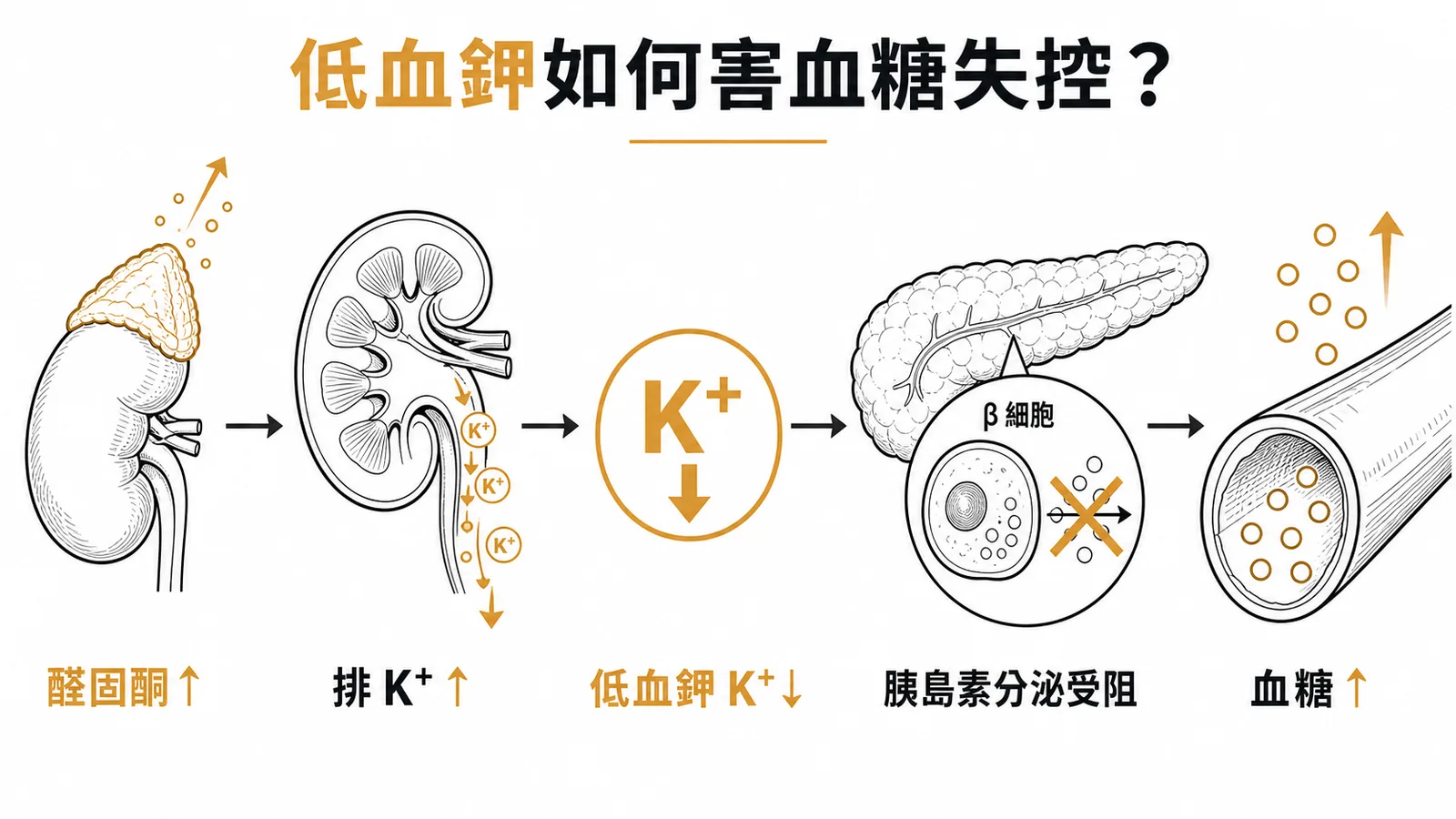 低血鉀抑制胰臟β細胞分泌胰島素導致血糖失控的流程