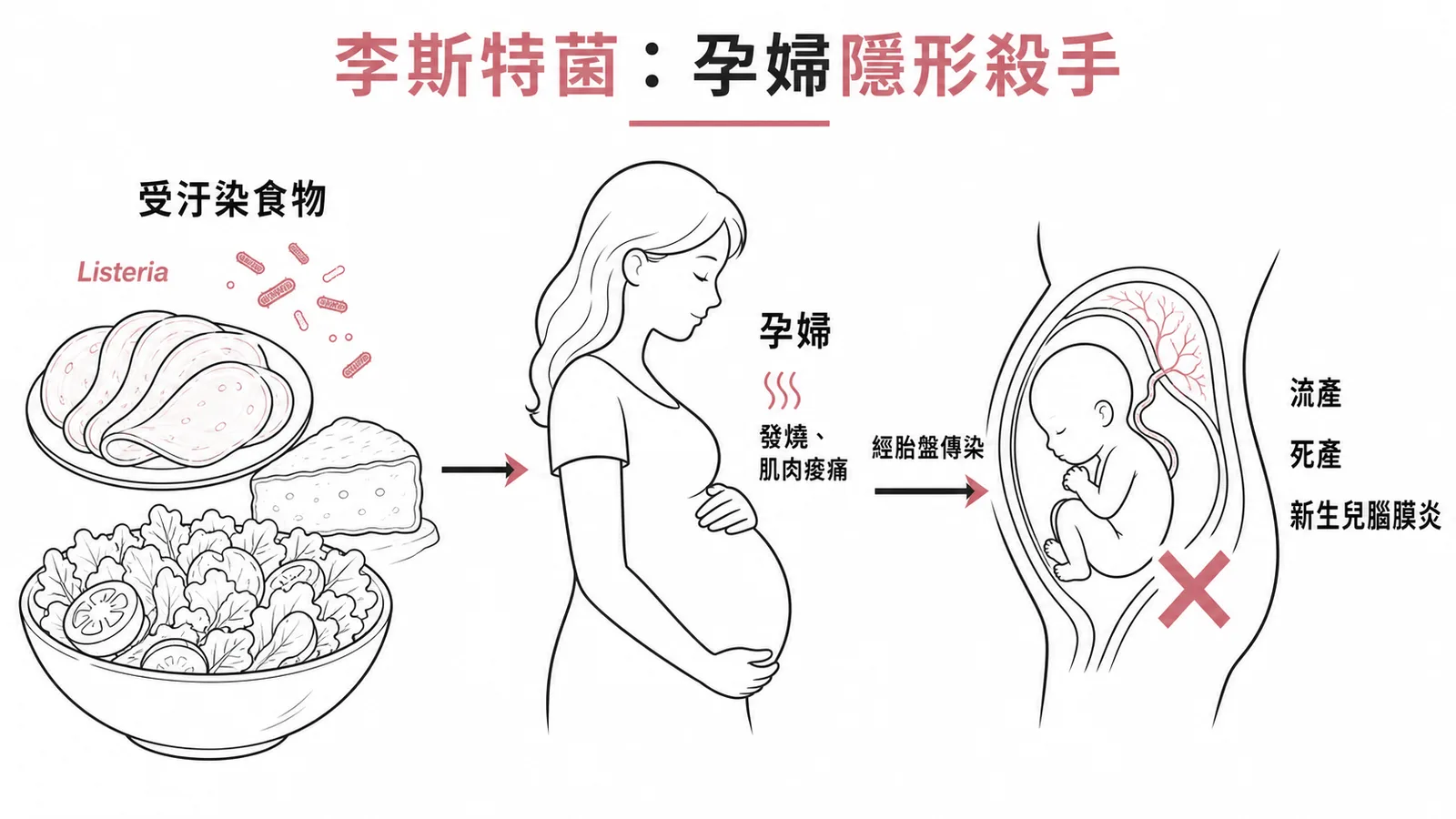 李斯特菌經食物感染孕婦後經胎盤傳染胎兒，可致流產死產或新生兒腦膜炎