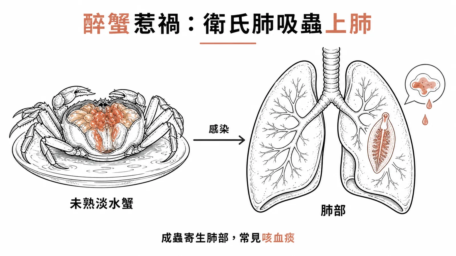 生食醉蟹感染衛氏肺吸蟲,寄生肺部引起發燒、咳嗽與鐵鏽色血痰