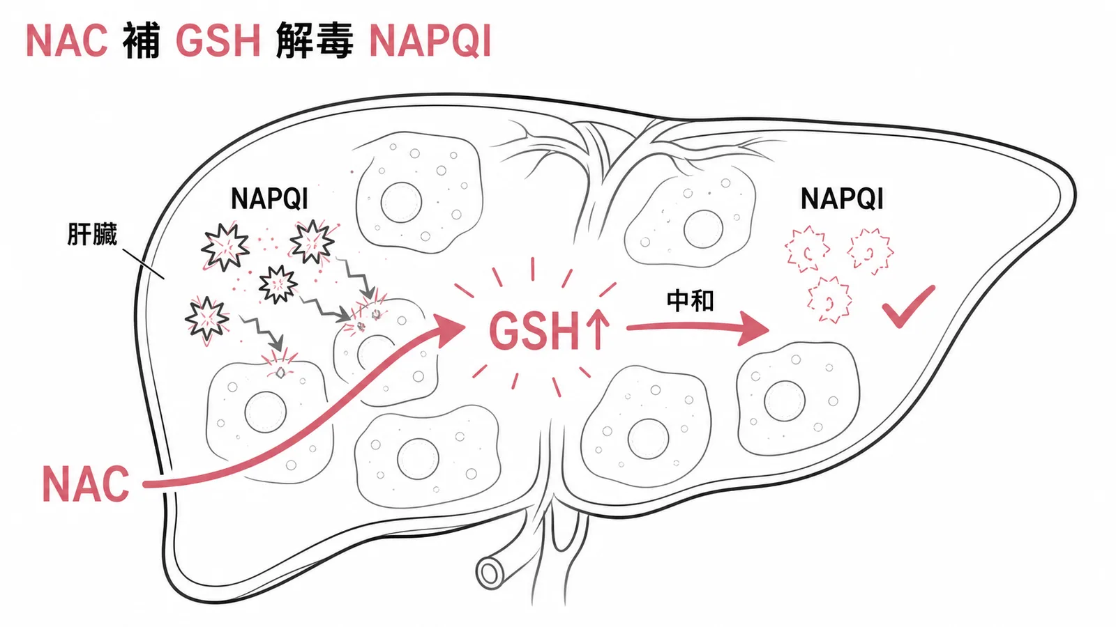 Acetylcysteine 補充穀胱甘肽解毒普拿疼中毒代謝物 NAPQI 示意圖