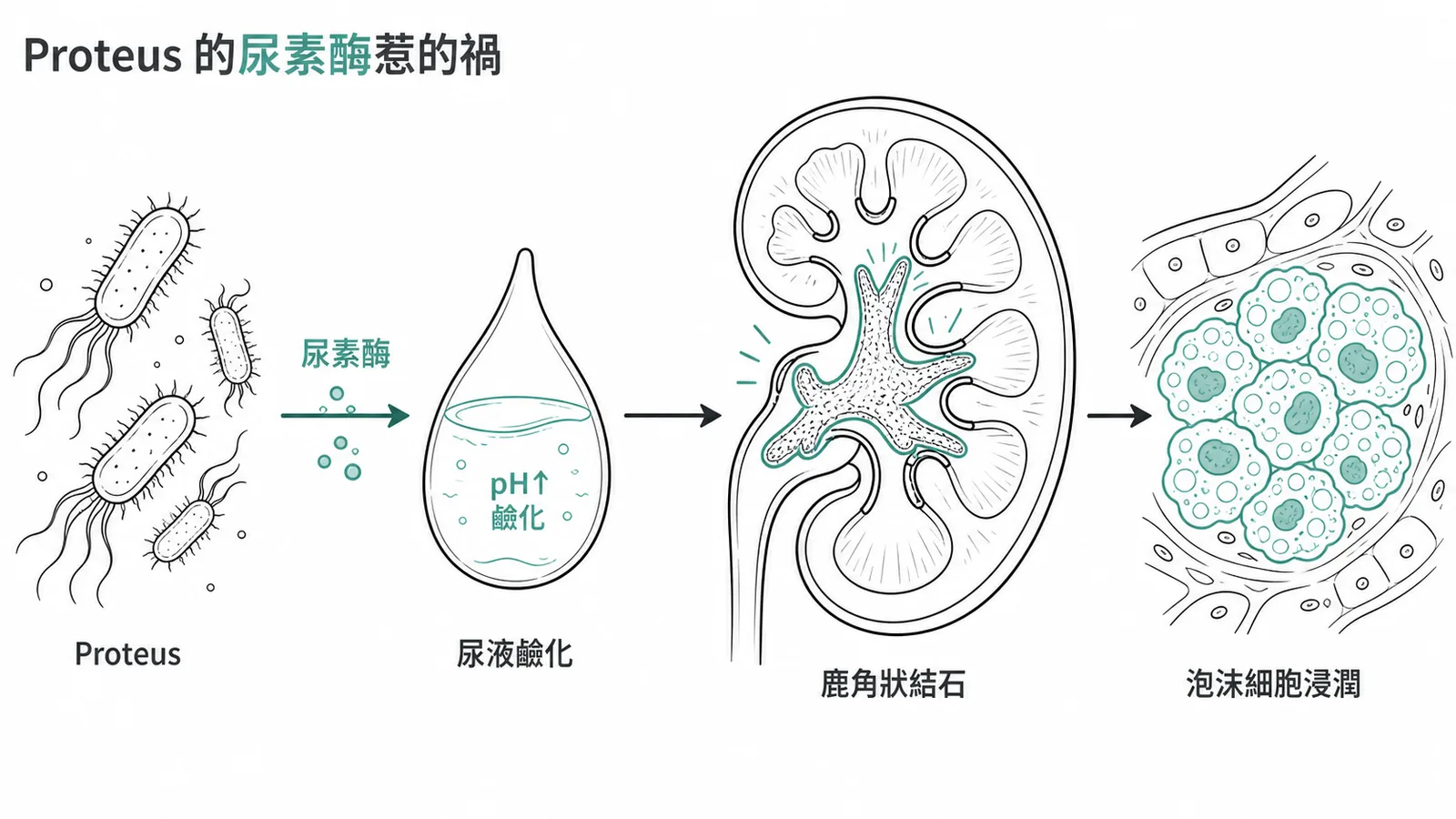 Proteus mirabilis 產生尿素酶使尿液鹼化形成鹿角狀結石，導致黃瘤肉芽腫性腎盂腎炎