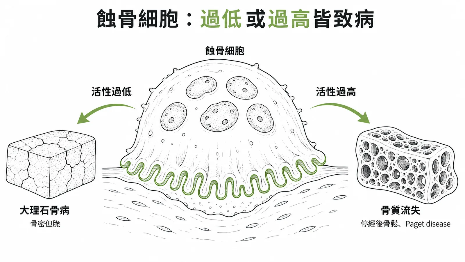 蝕骨細胞活性過低致大理石骨病、過高致骨質疏鬆與Paget病