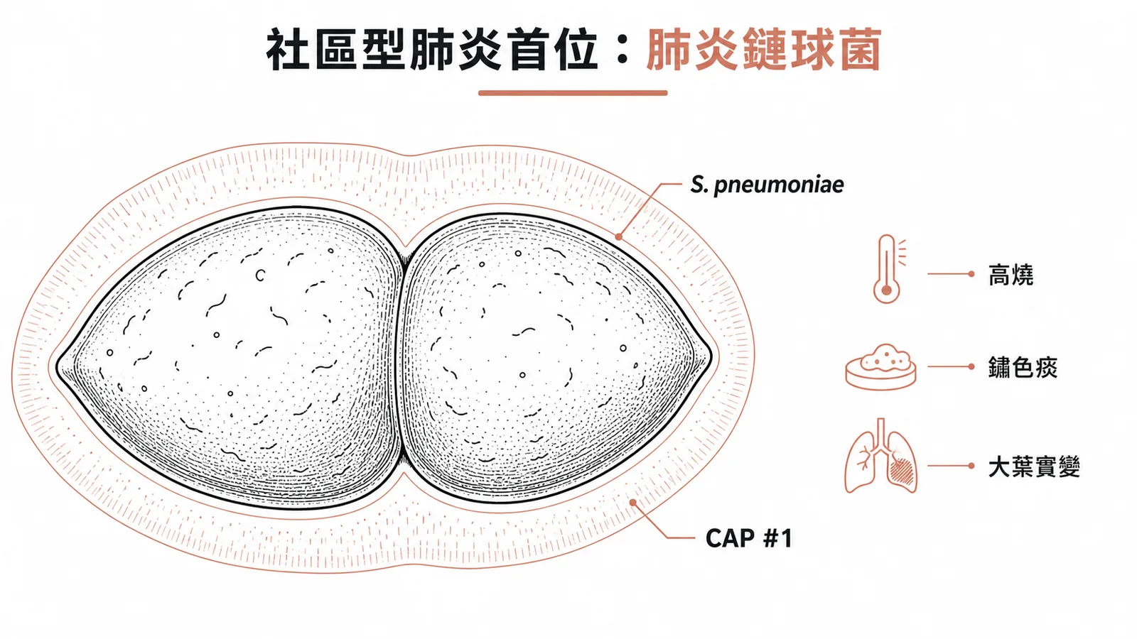 社區型肺炎最常見病原為肺炎鏈球菌