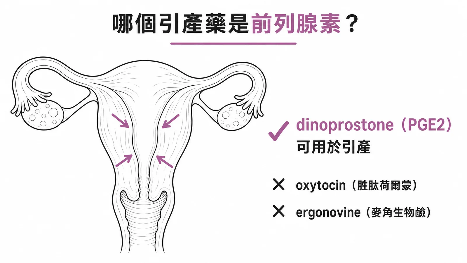 Dinoprostone(PGE2)是前列腺素衍生物,可用於引產;oxytocin 與 ergonovine 不是