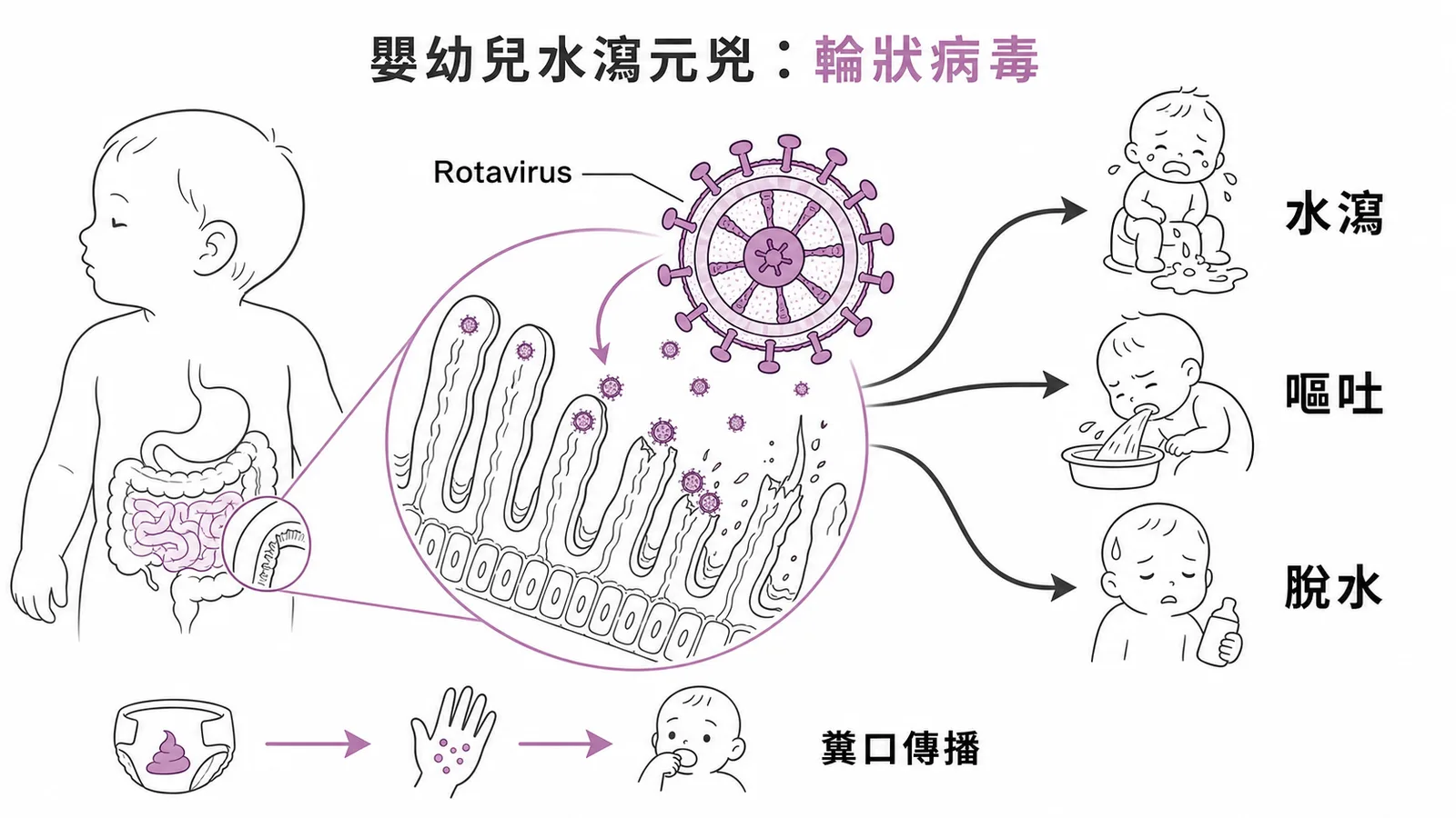 輪狀病毒感染小腸絨毛導致嬰幼兒水瀉嘔吐脫水的示意圖