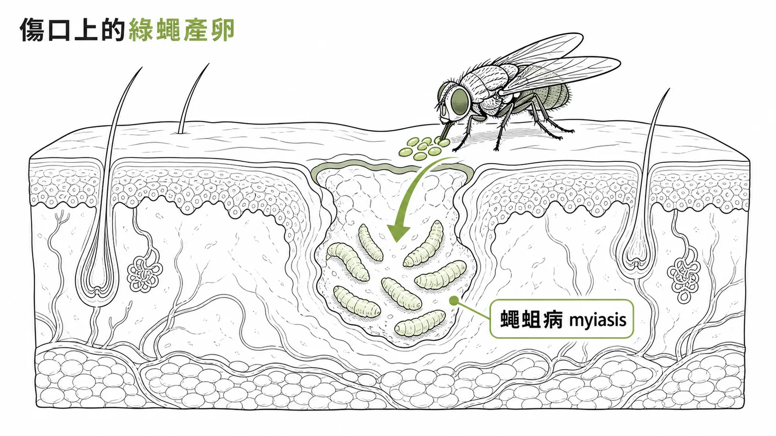 綠蠅在傷口產卵,幼蟲鑽入組織引起蠅蛆病