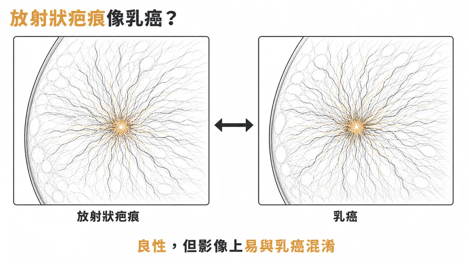 乳房放射狀疤痕與乳癌在攝影上呈相似星狀病灶