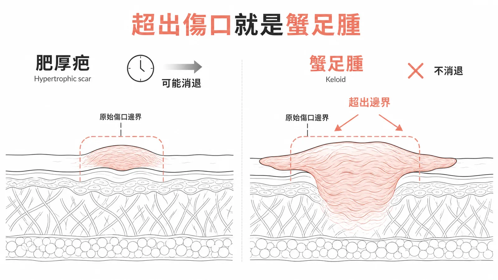 超出傷口就是蟹足腫：肥厚疤侷限在傷口邊界內且可能消退，蟹足腫超出原始傷口邊界且不消退