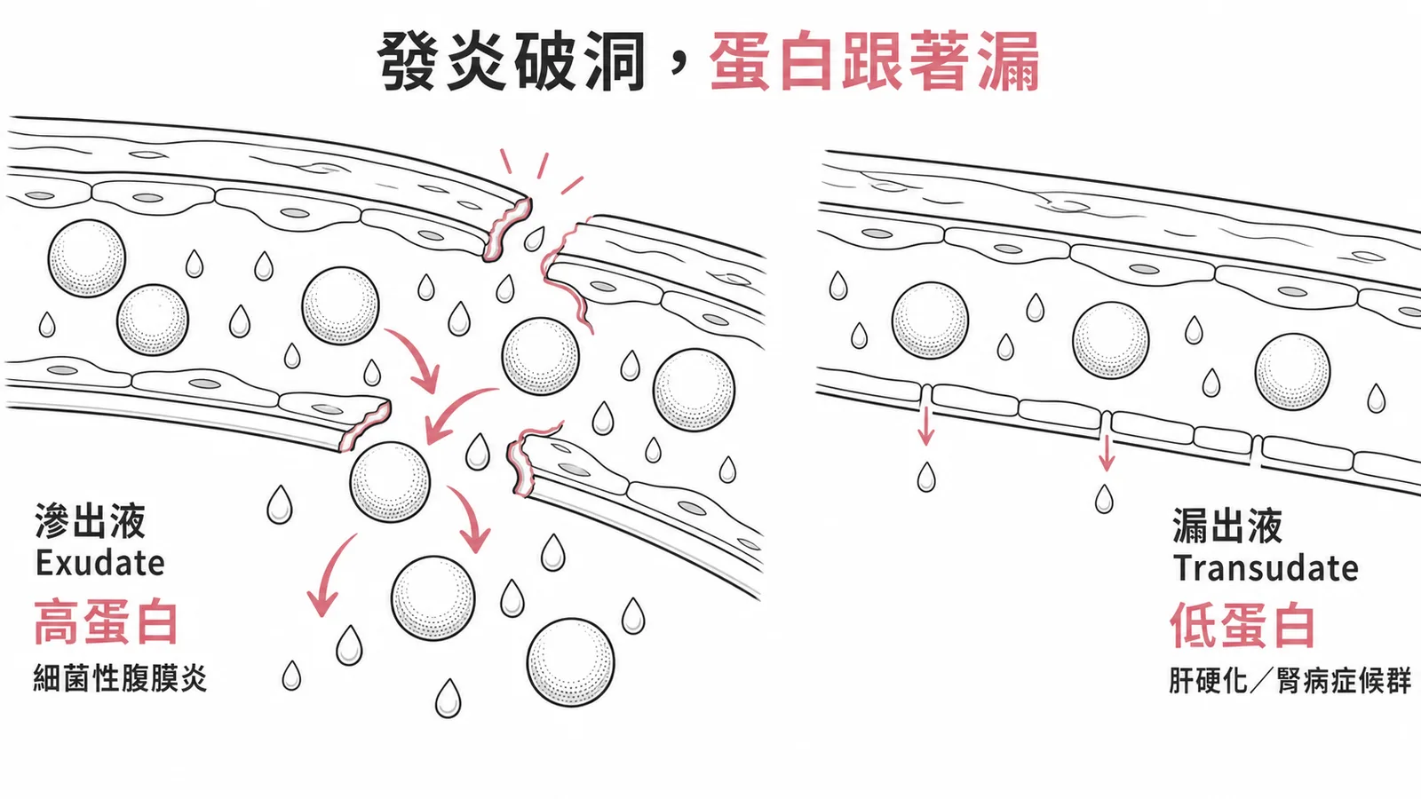 發炎破洞蛋白跟著漏：滲出液血管壁破損蛋白質漏出為高蛋白腹水，漏出液血管壁完整僅水分通過為低蛋白腹水