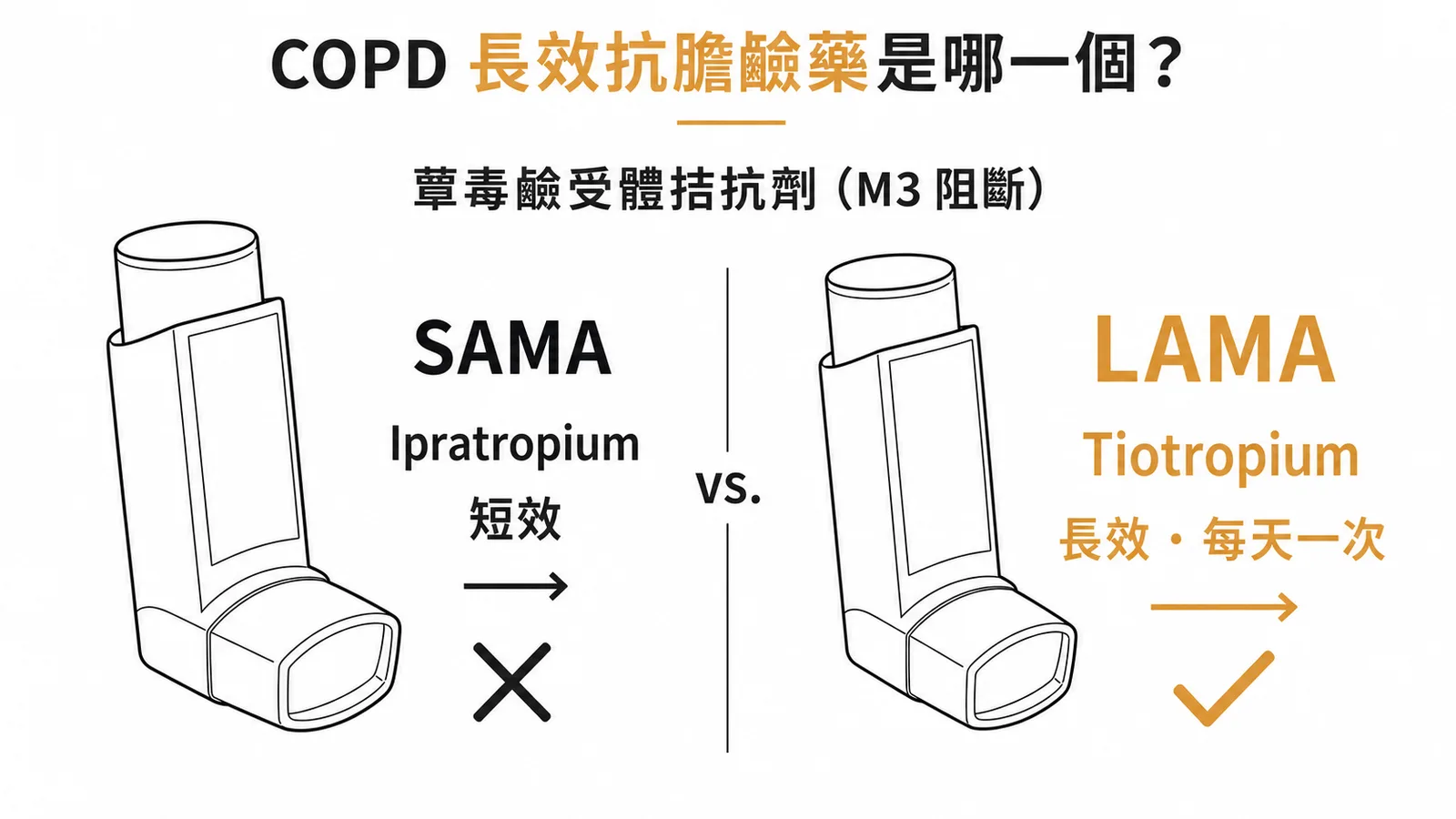 COPD長效抗膽鹼藥SAMA與LAMA對比示意圖