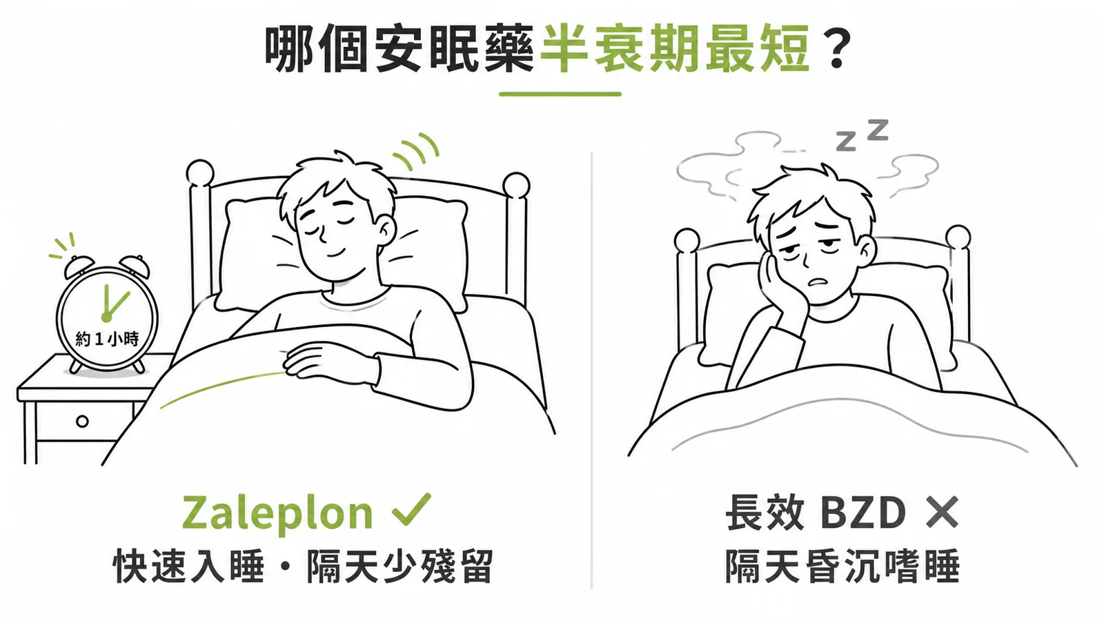 Zaleplon半衰期最短快速入睡對比長效BZD隔天殘留示意圖