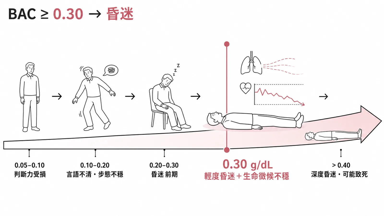 血液酒精濃度達 0.30 g/dL 以上可能造成輕度昏迷與生命徵候不穩