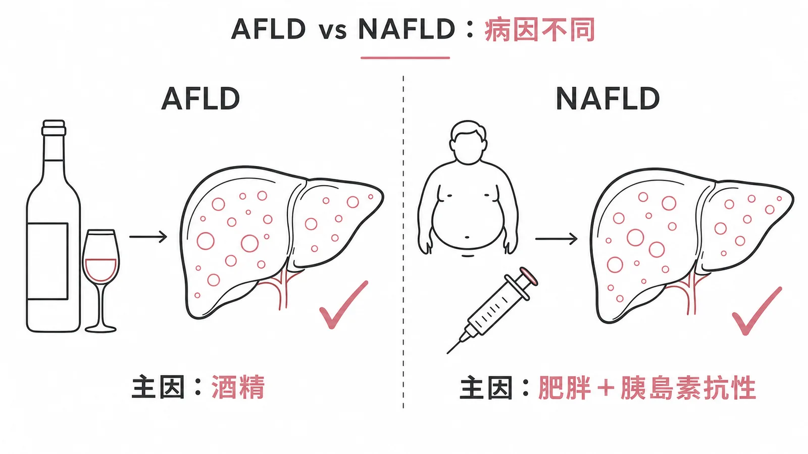 AFLD vs NAFLD 病因對比:AFLD 主因酒精、NAFLD 主因肥胖與胰島素抗性