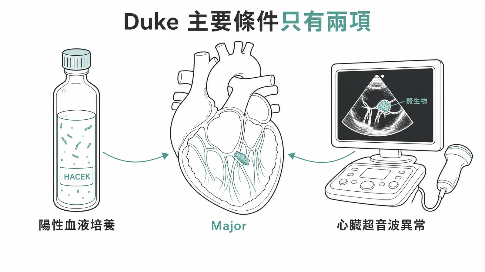 Duke criteria兩大主要條件:陽性血液培養與心臟超音波異常