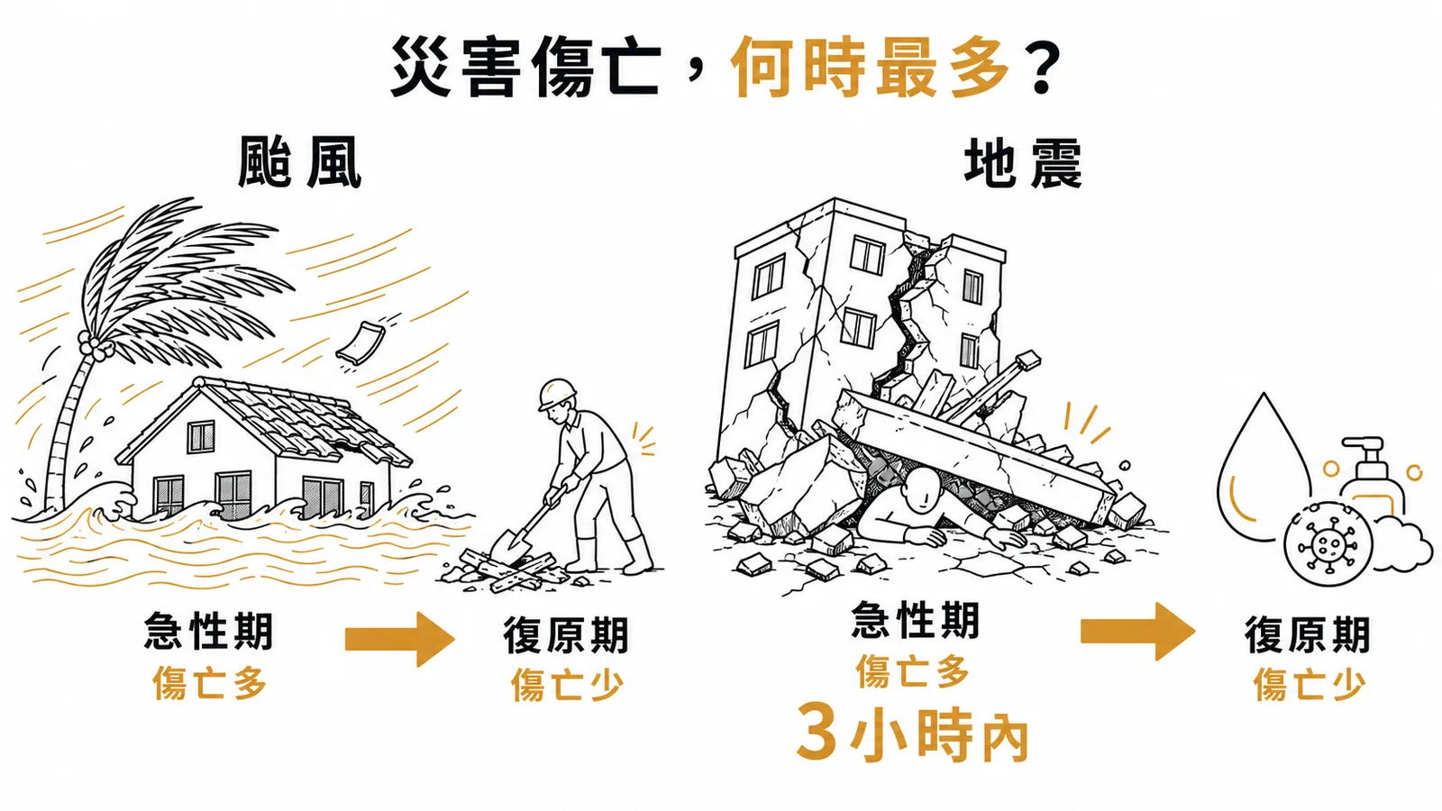 颱風與地震的傷亡時序對照:急性期與復原期