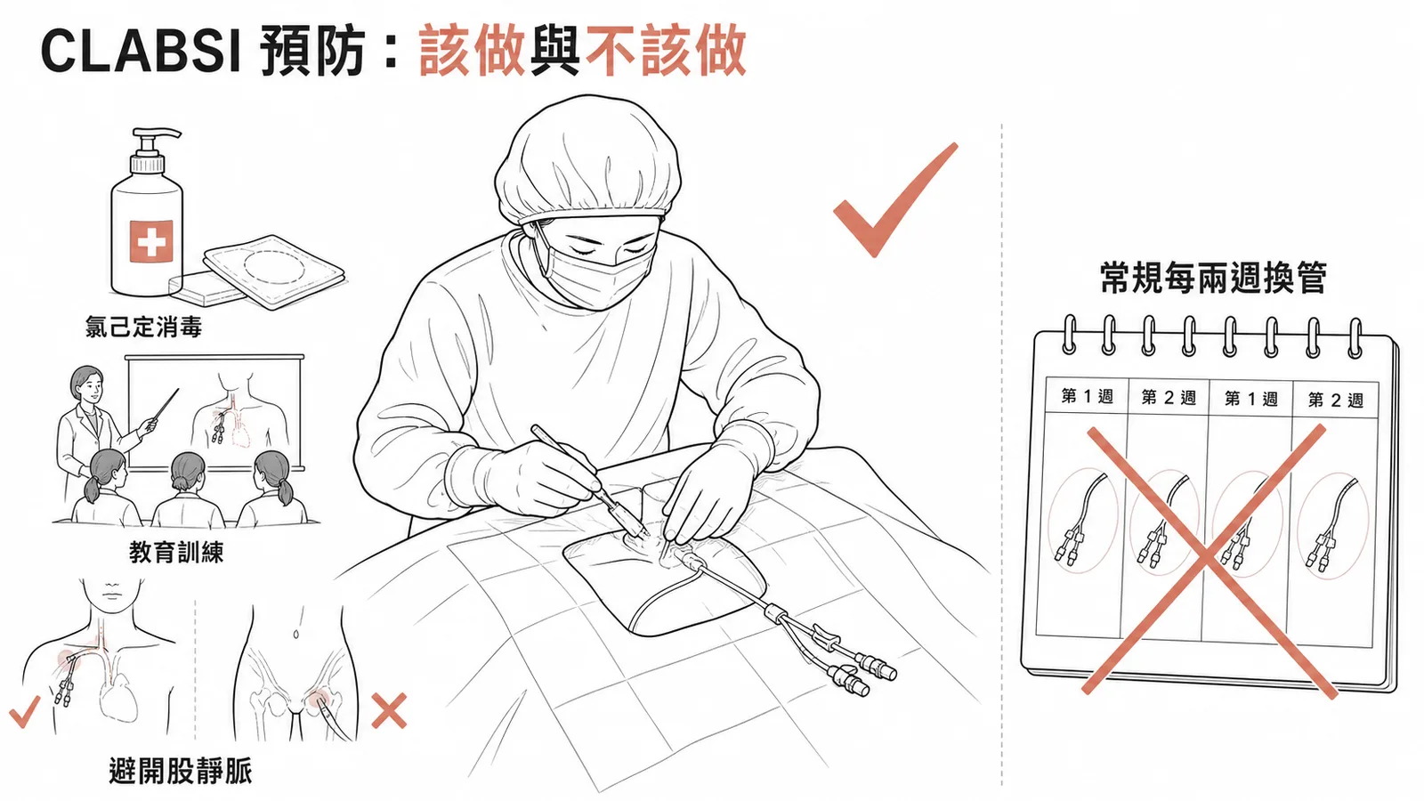 CLABSI預防bundle：正確做法打勾與錯誤的常規換管打叉對照