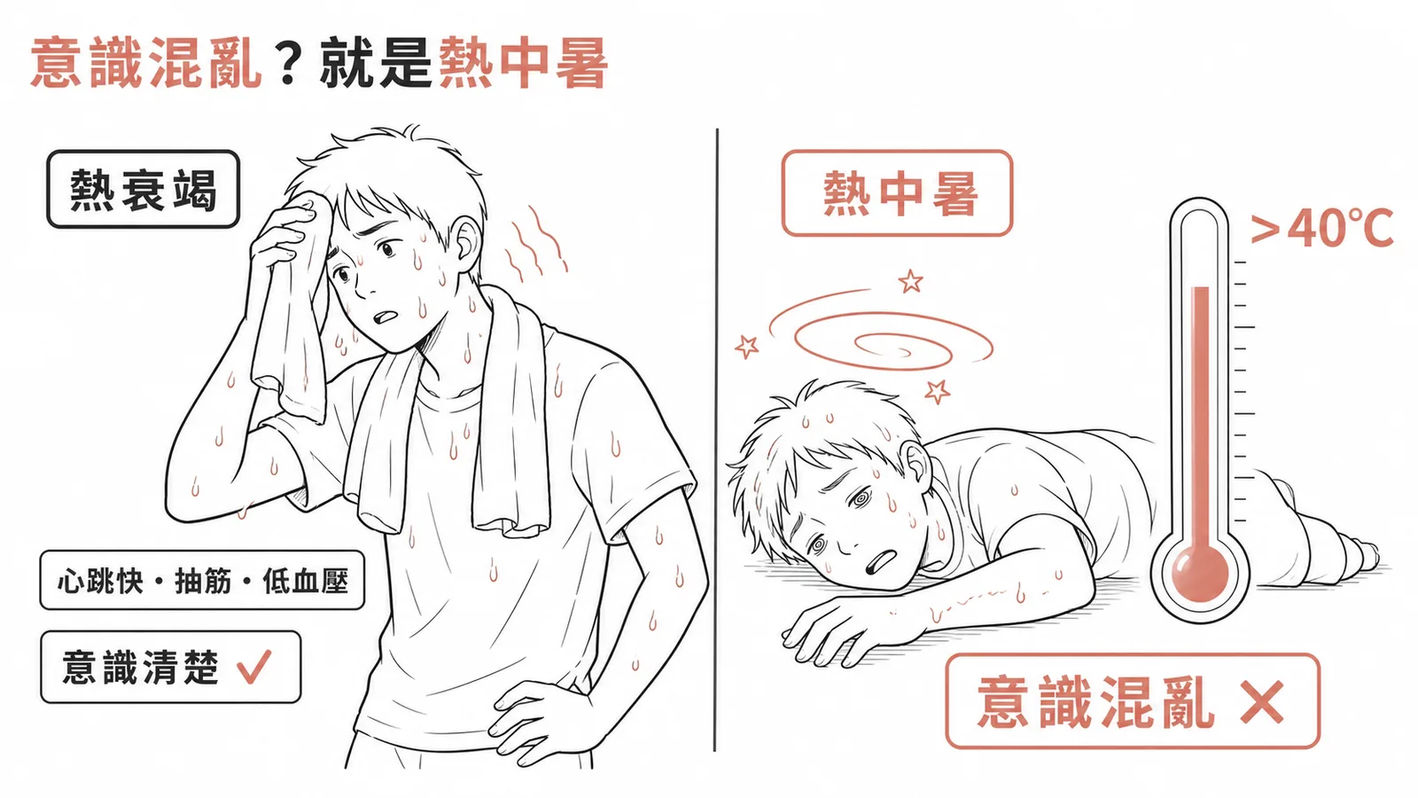 熱衰竭vs熱中暑鑑別——意識混亂是熱中暑而非熱衰竭的表現