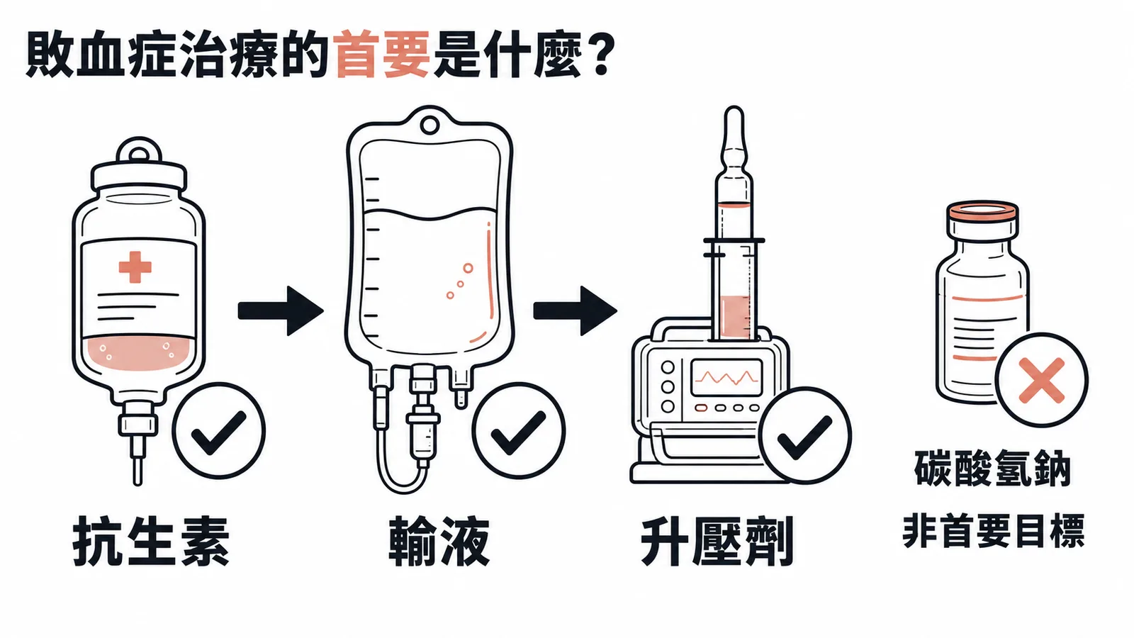 敗血症治療首要是抗生素、輸液和升壓劑,碳酸氫鈉非首要目標