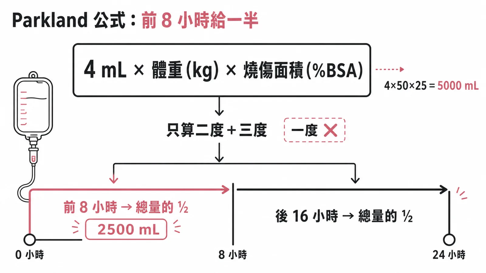 Parkland公式:4mL×體重×燒傷%BSA(只算二三度),前8小時給總量一半