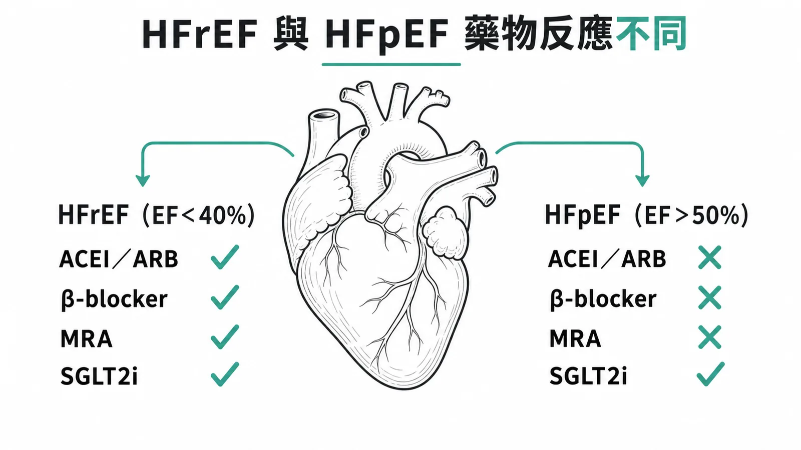 HFrEF 與 HFpEF 藥物治療反應差異對照圖