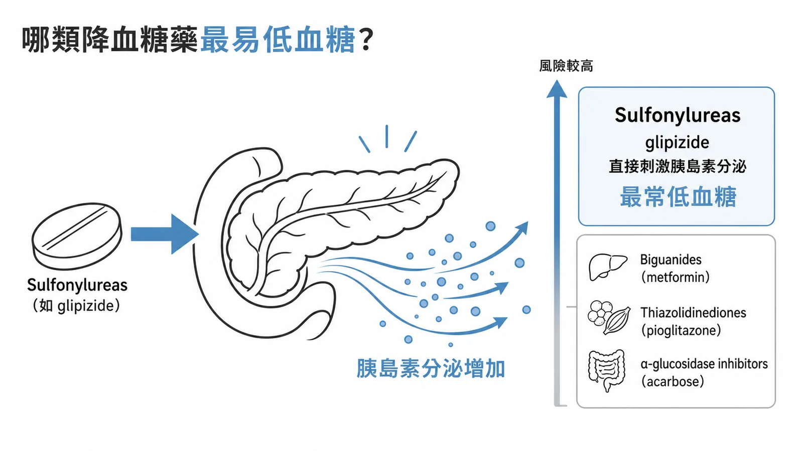 四類降血糖藥低血糖風險對比:Sulfonylureas直接刺激胰島素分泌最常低血糖