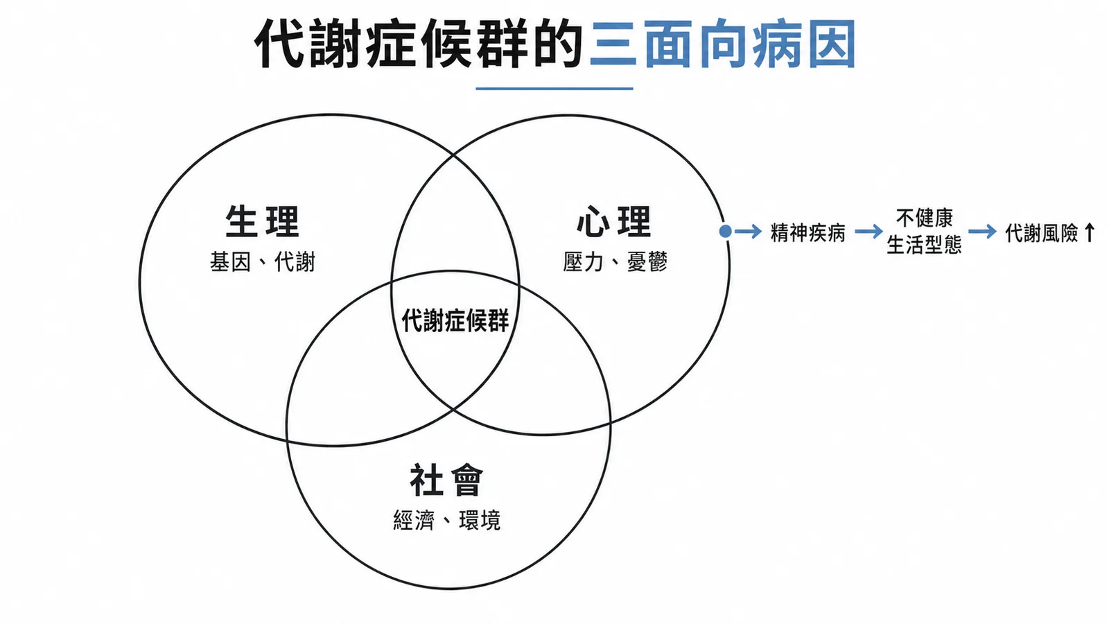 代謝症候群的生理心理社會三面向病因模式:生理、心理、社會交互作用