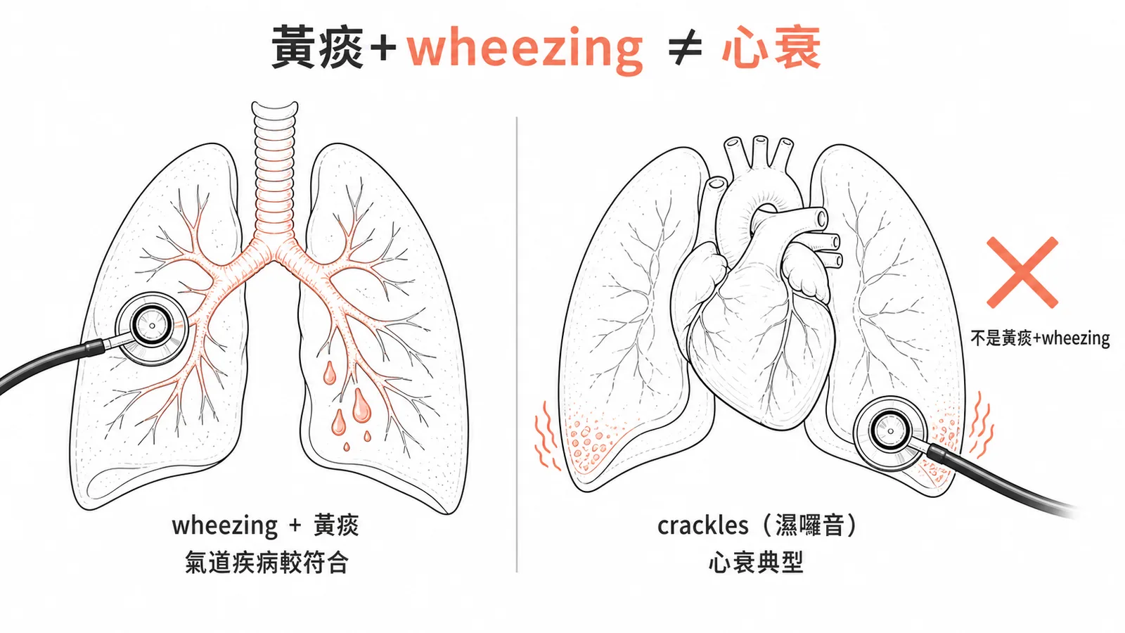 急性心衰典型聽到crackles而非wheezing且不會有黃色濃痰的對照圖