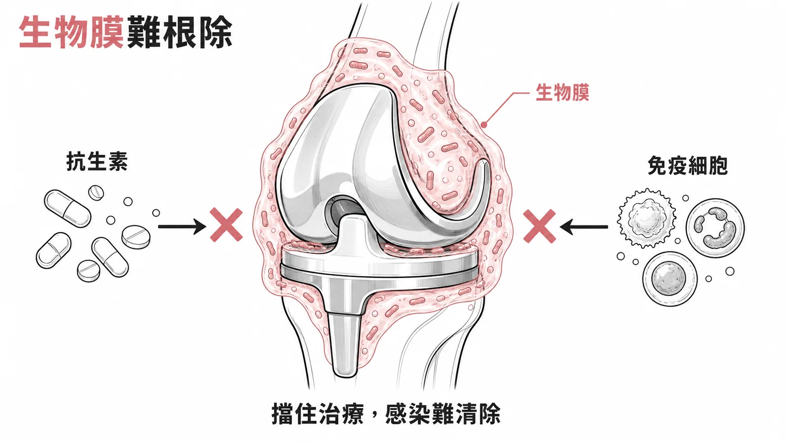 人工關節感染:生物膜包覆植入物使抗生素與免疫細胞難以穿透