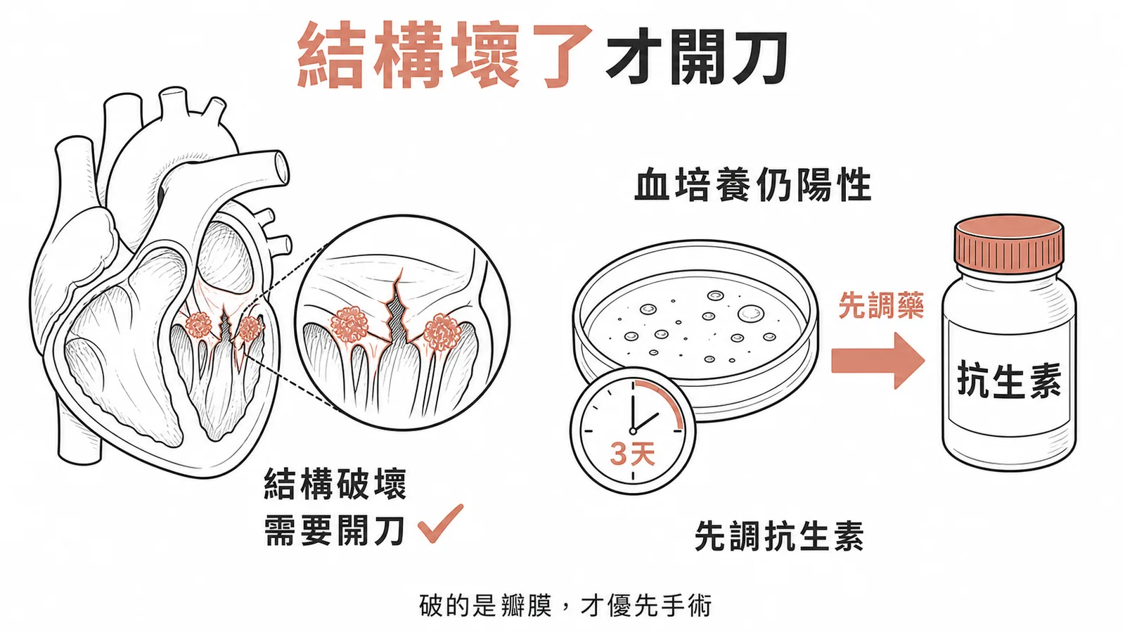 心內膜炎需外科手術的三大指徵:瓣膜破損心衰、瓣周膿瘍、人工瓣膜脫位