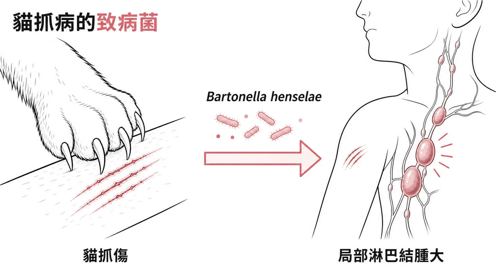 貓抓病致病菌 Bartonella henselae 感染途徑圖
