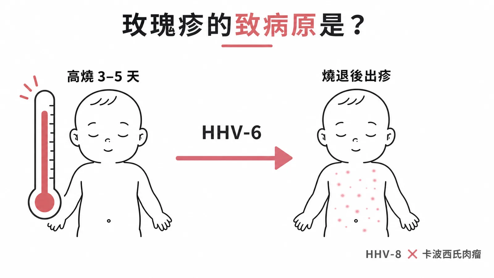 嬰兒玫瑰疹燒退疹出病程與 HHV-6 致病原示意圖