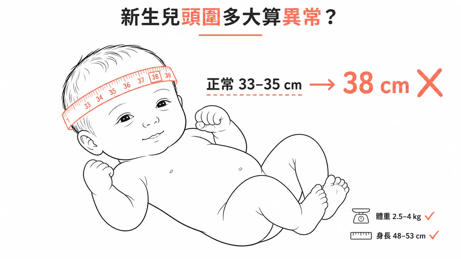 足月新生兒正常測量值與頭圍異常示意圖