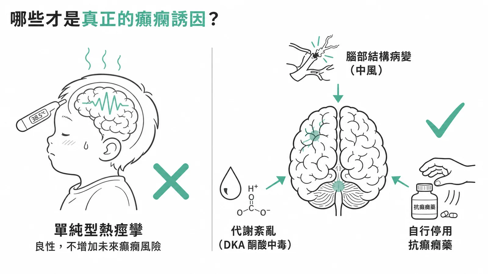 癲癇誘發因素對照：單純型熱痙攣非誘因 vs 腦部病變、代謝紊亂、停藥