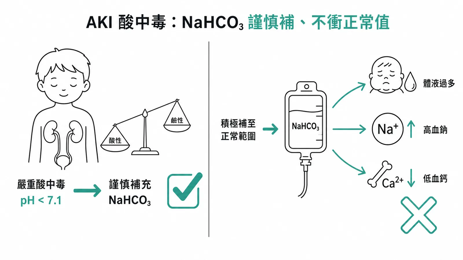 AKI 代謝性酸中毒補充 NaHCO₃ 應謹慎而非積極衝至正常範圍