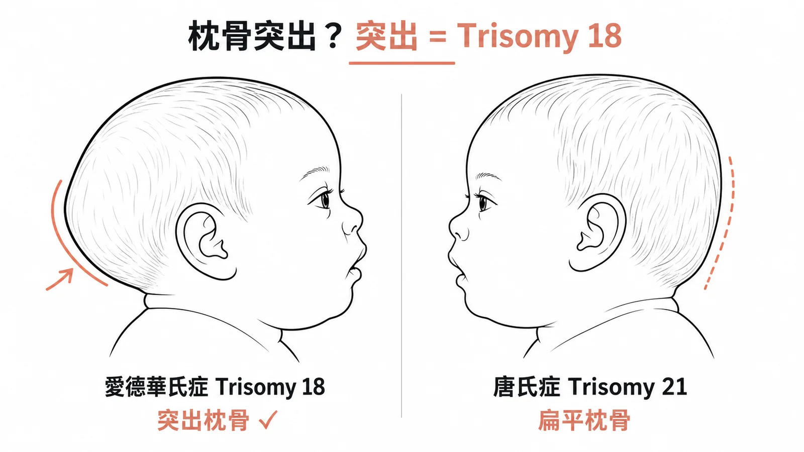 愛德華氏症 Trisomy 18 突出枕骨 vs 唐氏症 Trisomy 21 扁平枕骨對照圖
