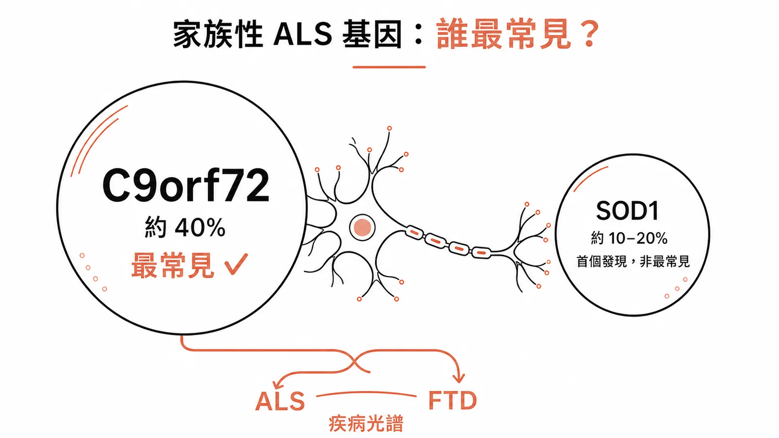 家族性ALS基因比例對照圖:C9orf72約佔40%為最常見,SOD1約10-20%為首個發現