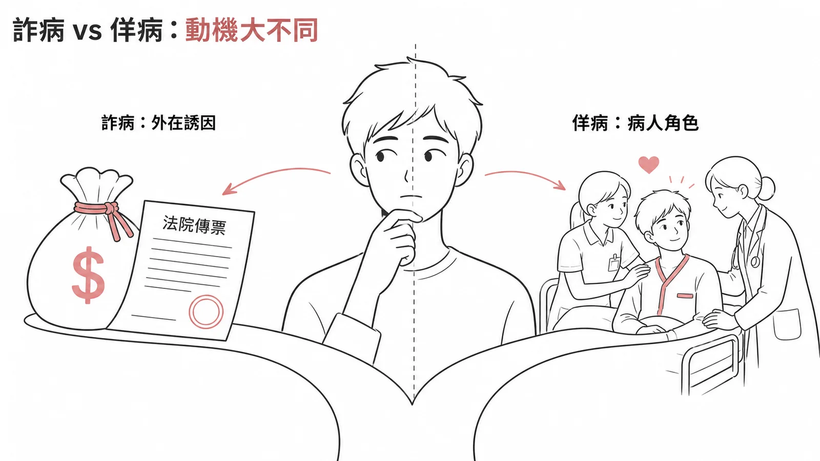 詐病與佯病的動機差異：詐病為外在誘因，佯病為扮演病人角色