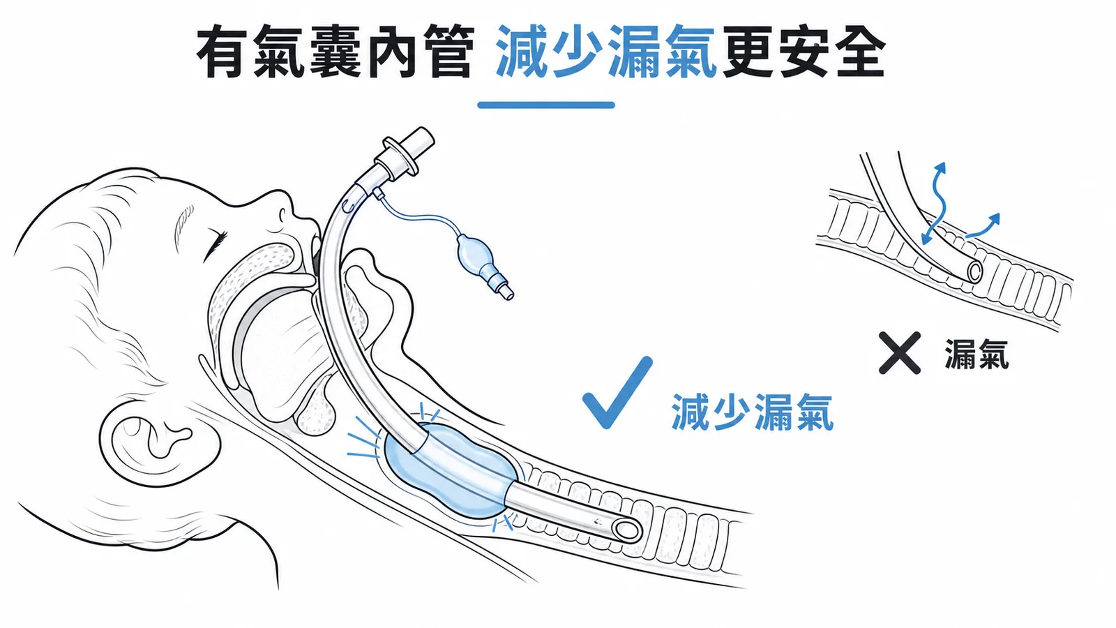 有氣囊氣管內管減少漏氣的對比示意圖