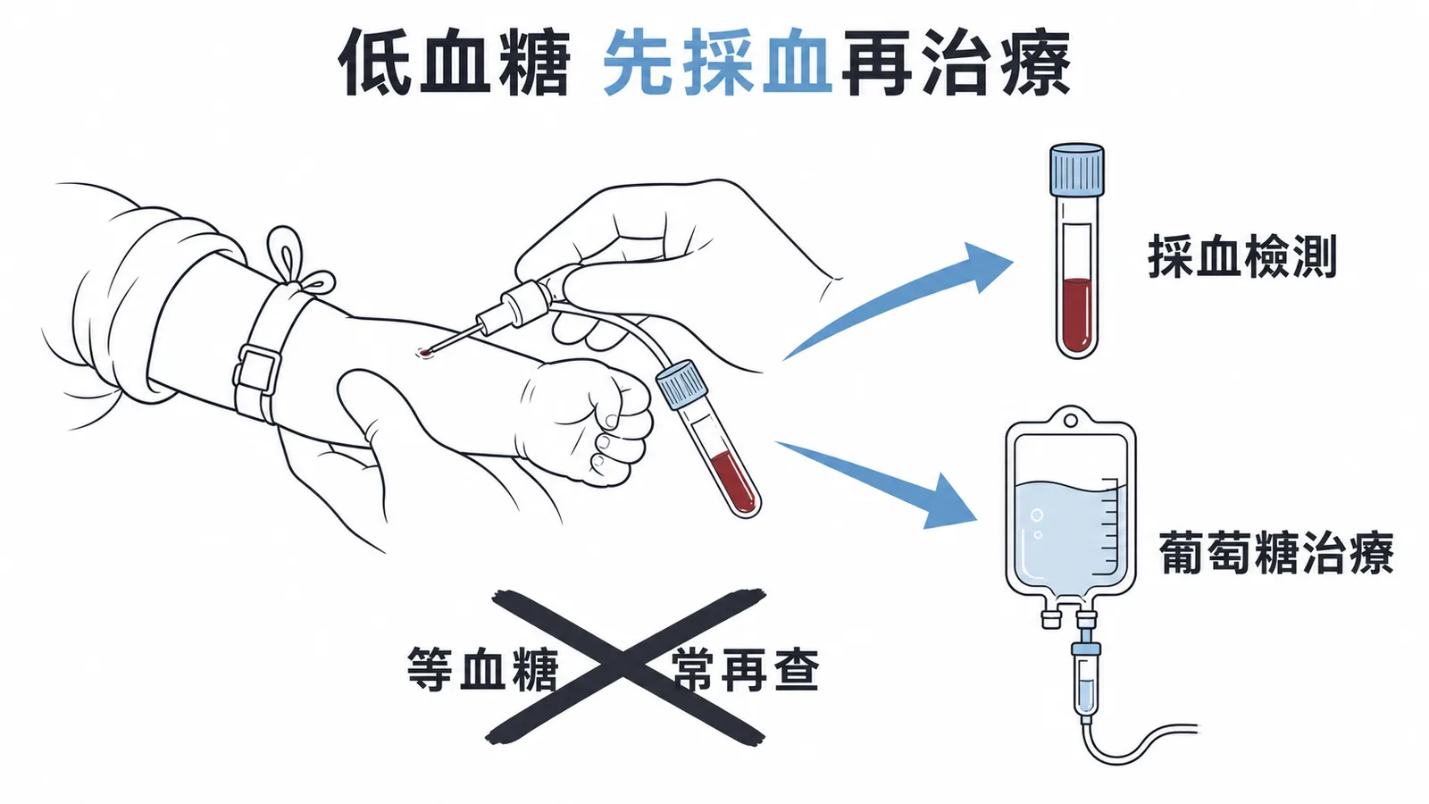 新生兒低血糖應先採血查原因再同步給葡萄糖治療