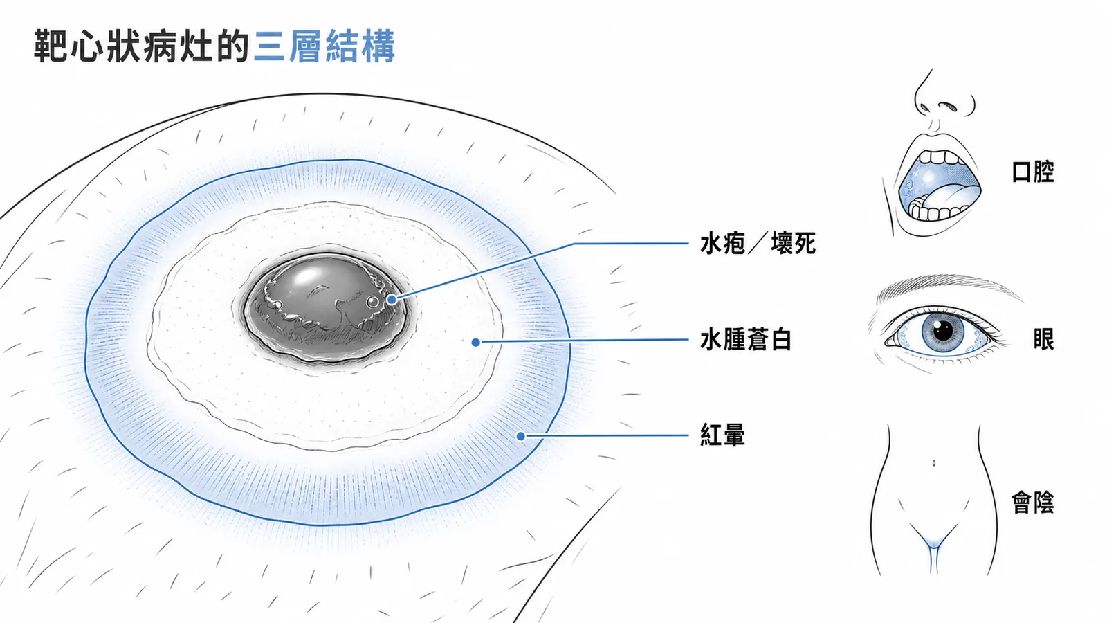 多型性紅斑靶心狀病灶三層結構:中央水疱壞死、中層水腫蒼白、外層紅暈