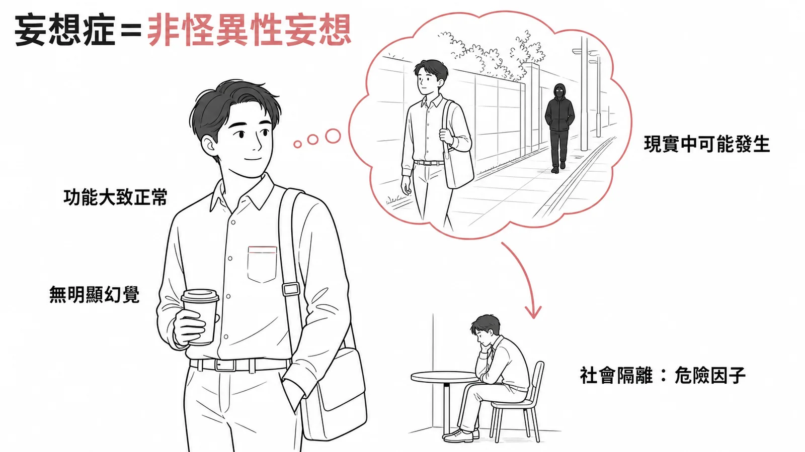 妄想症核心特徵：非怪異性妄想（現實中可能發生）、功能大致正常、無明顯幻覺，社會隔離為危險因子