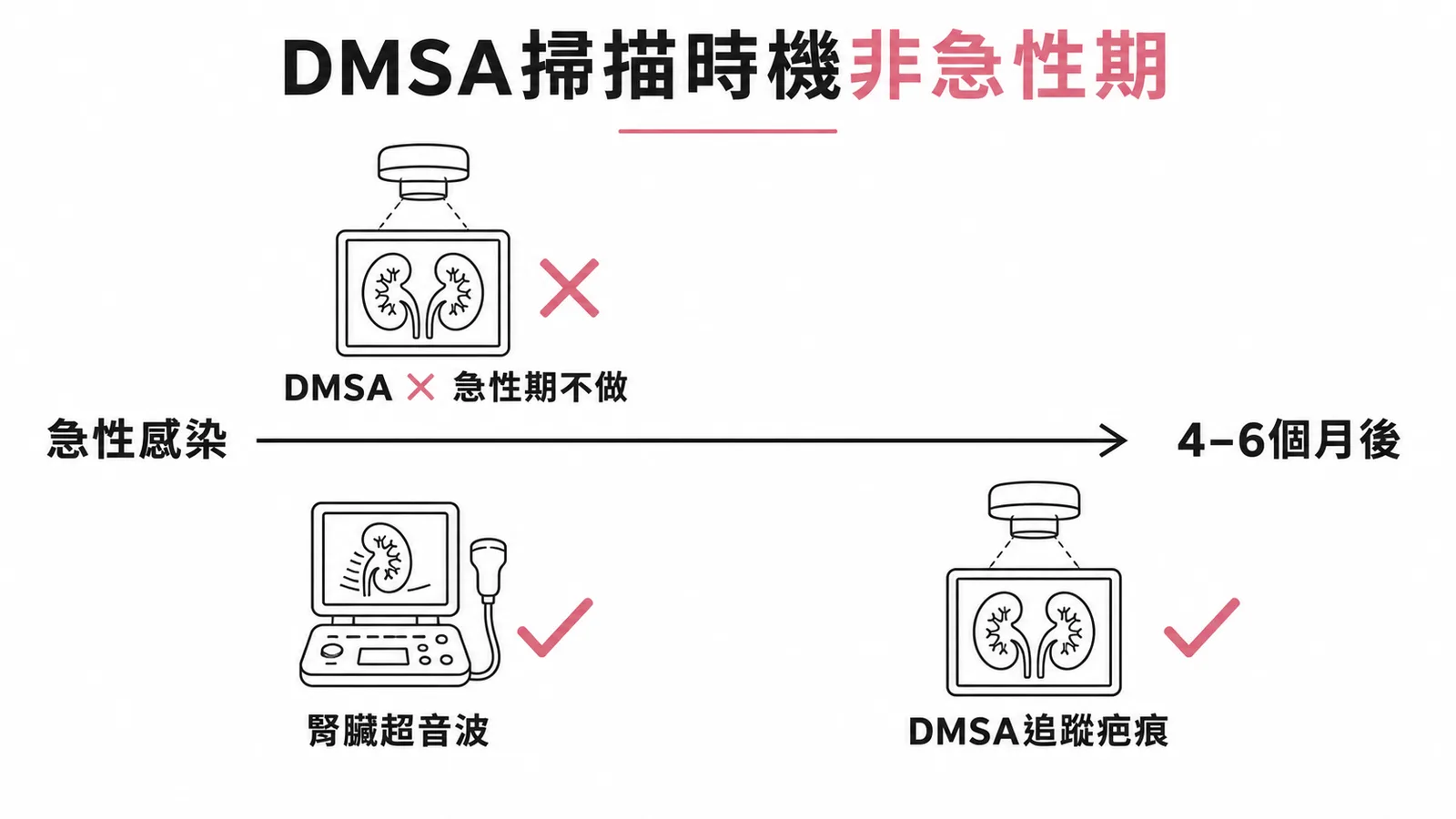 DMSA腎臟掃描時機:急性期不做,感染後4-6個月追蹤疤痕