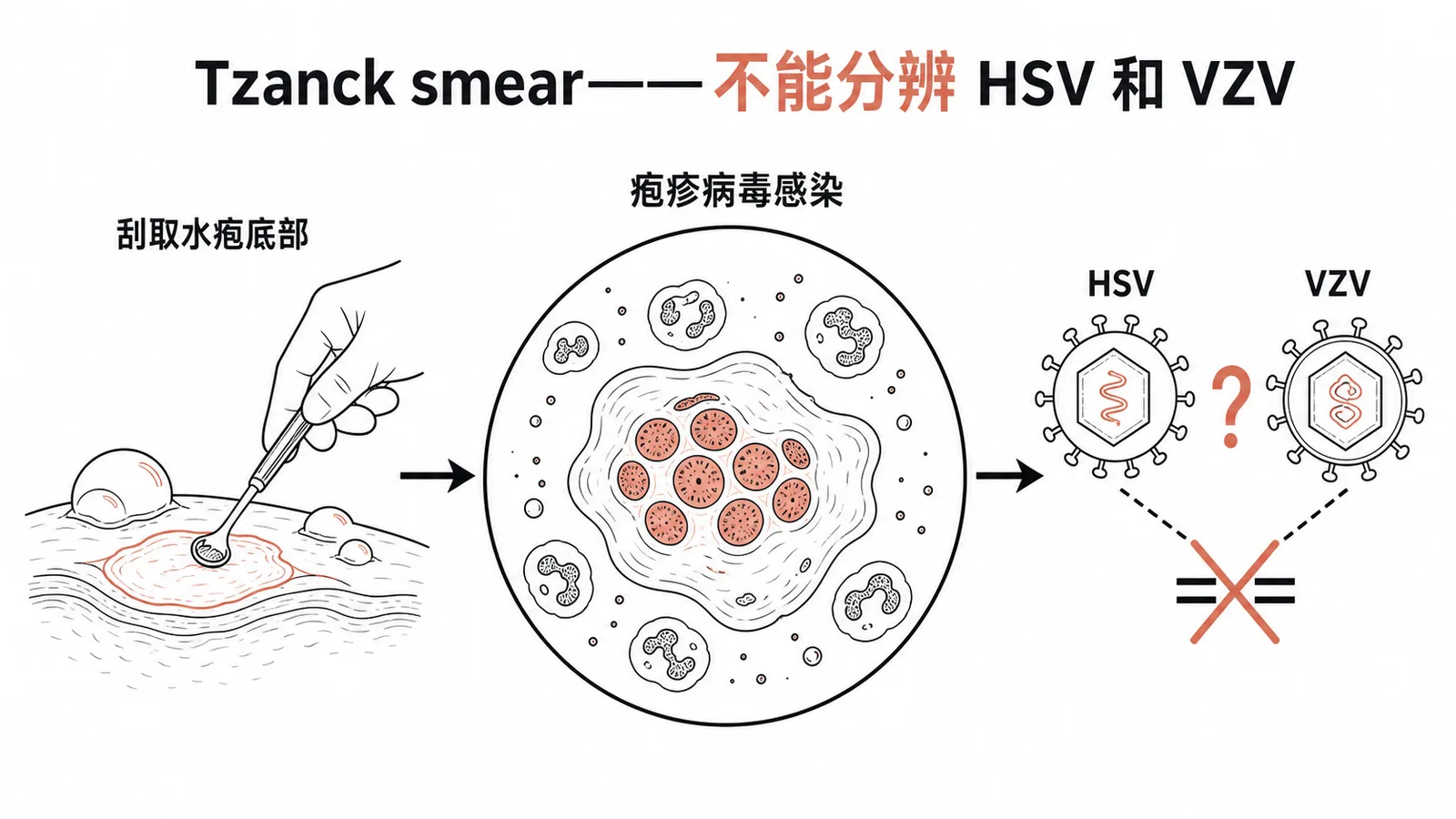 Tzanck smear刮取水疱底部可見多核巨細胞但無法區分HSV與VZV的示意圖