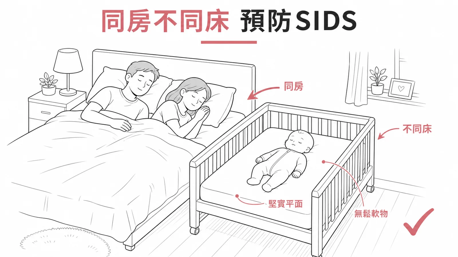 嬰兒安全睡眠:同房不同床、無軟墊枕頭玩偶