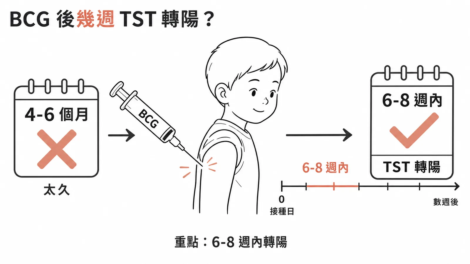 卡介苗接種後結核菌素測試約 6-8 週內轉陽,非 4-6 個月