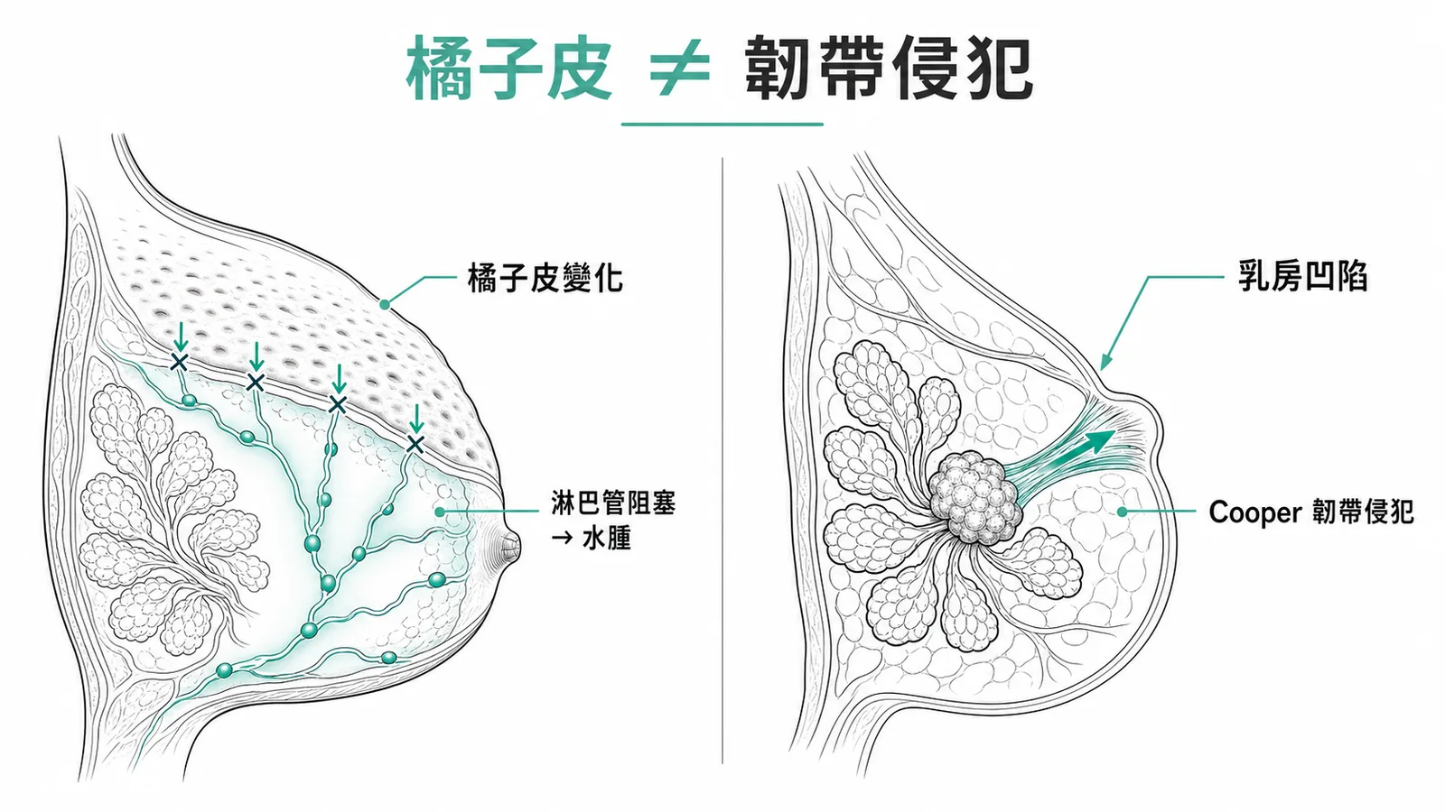 橘子皮變化是淋巴管阻塞水腫，Cooper 韌帶侵犯造成乳房凹陷