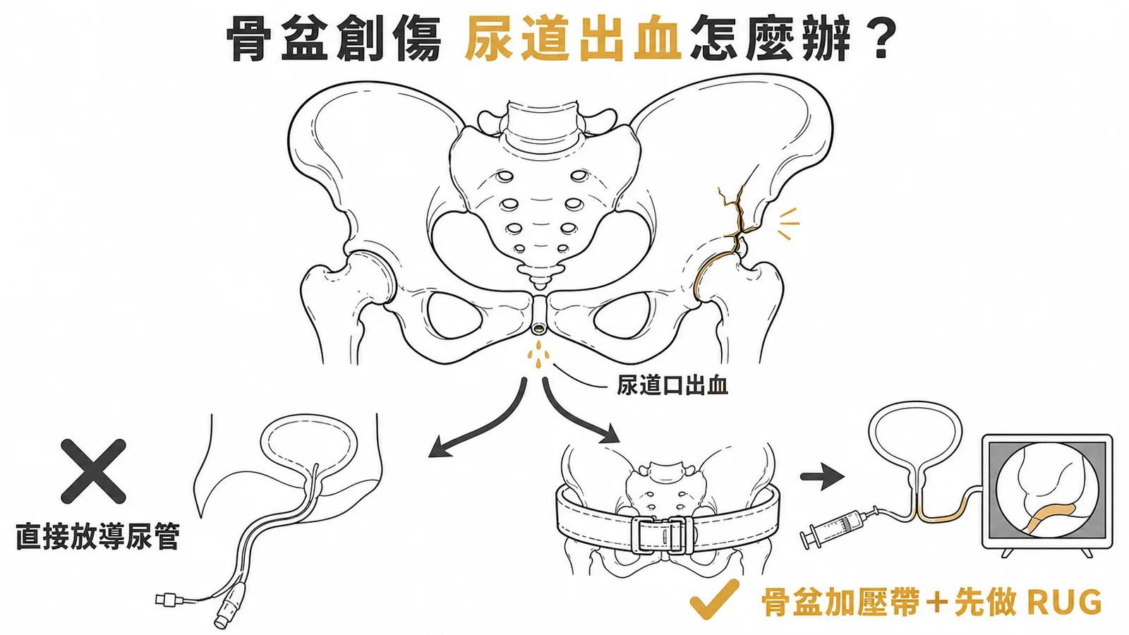 骨盆創傷合併尿道出血處置示意：禁止直接放導尿管，應先做骨盆加壓帶止血並行逆行性尿道攝影