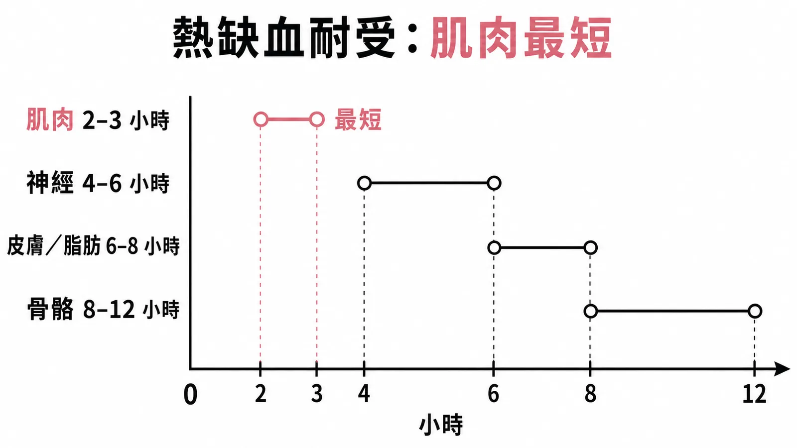 各組織熱缺血耐受時間比較圖