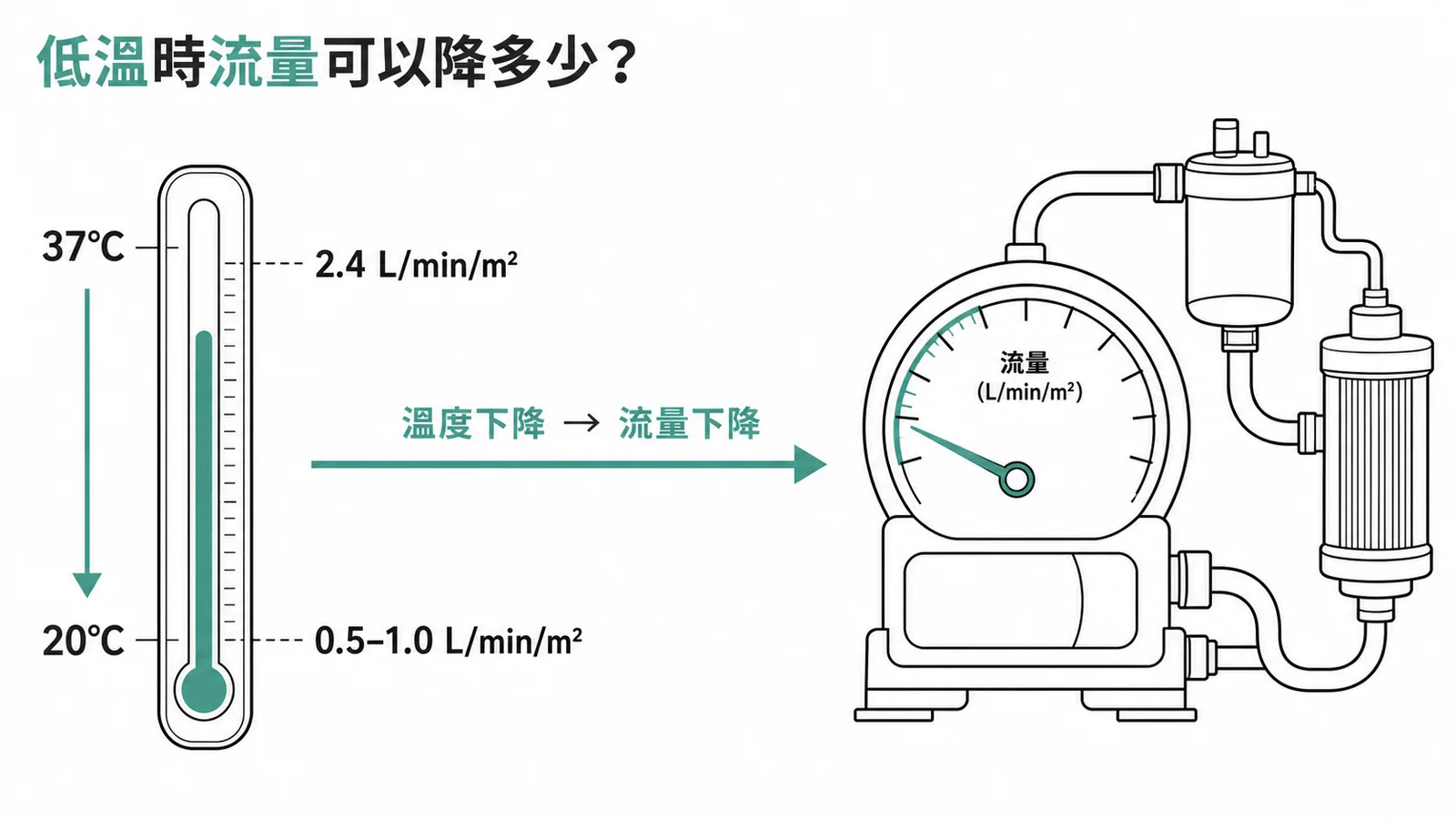 體外循環流量隨體溫下降而減少的關係示意圖